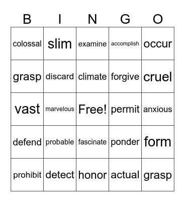 Vocabulary Bingo Card