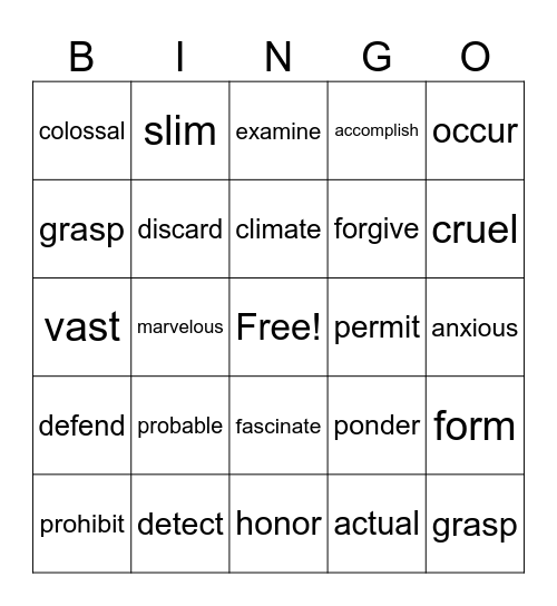 Vocabulary Bingo Card