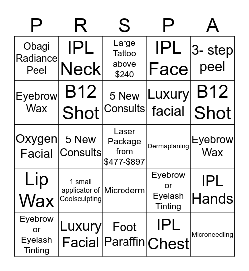 Pure Radiance Spa Bingo Card