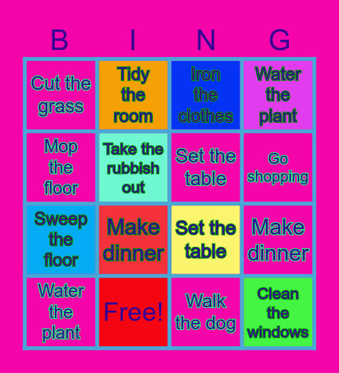 Household chore Bingo Card