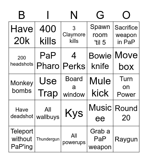 Cod Zombies Bingo (Kino) Bingo Card