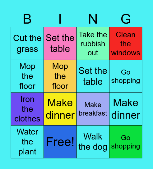 Household chore Bingo Card
