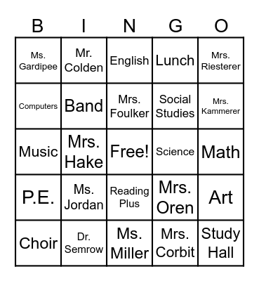 6th Grade Survival Bingo Card