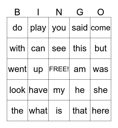 Sight Word Bingo Card