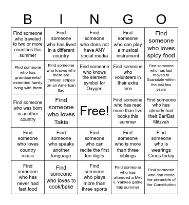 Getting to Know You BINGO Card