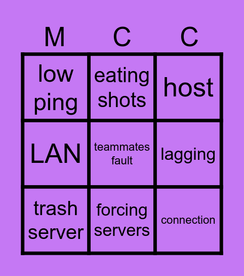 MCC Excuses Bingo Card