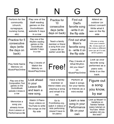 Summer Piano BINGO 2023 Bingo Card