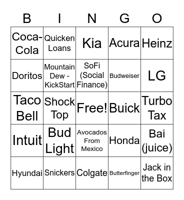 Superbowl 50 Ads BINGO Card