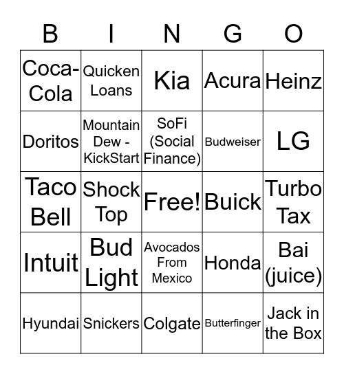 Superbowl 50 Ads BINGO Card