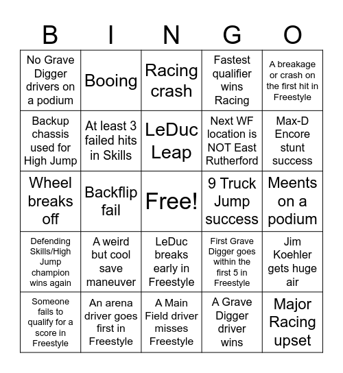 Monster Jam World Finals XXII Bingo Card Bingo Card