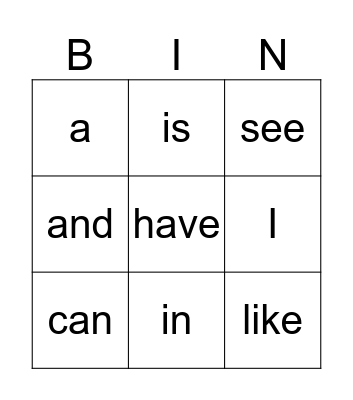 Sight Words Bingo Card