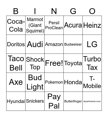 Superbowl 50 Ads BINGO Card