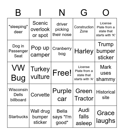 Car Trip Bingo Card