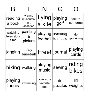 Leisure Activities Bingo Card