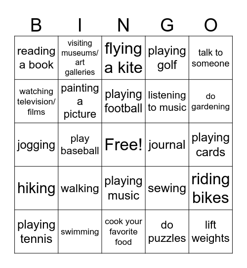 Leisure Activities Bingo Card