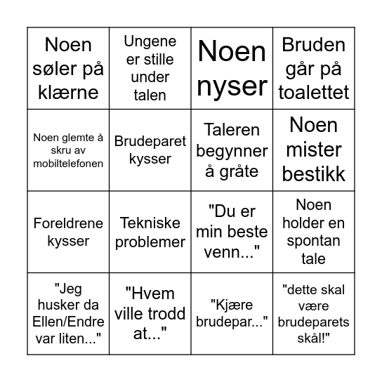 Bryllupsbingo! Bingo Card