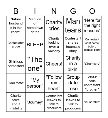 Bachelorette Bingo! Charity's Season Premiere Bingo Card