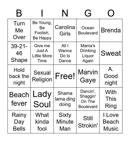 I love Beach Music Bingo Card