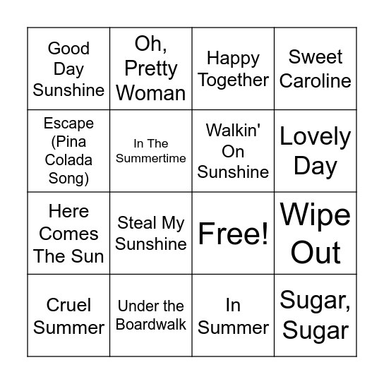 Summer Songs Bingo Card