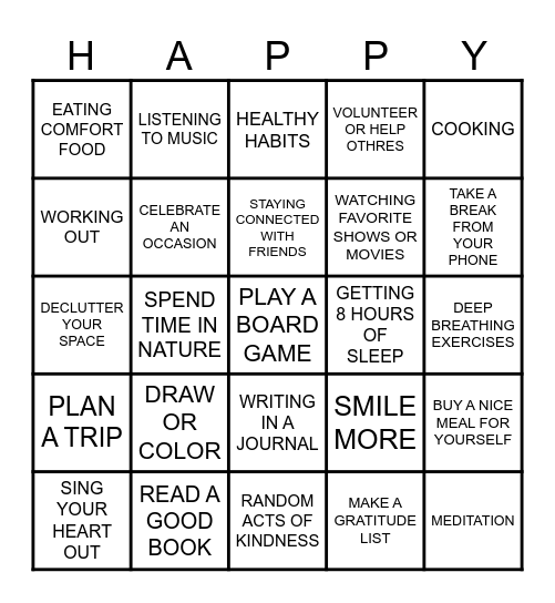 Happiness Bingo! Bingo Card