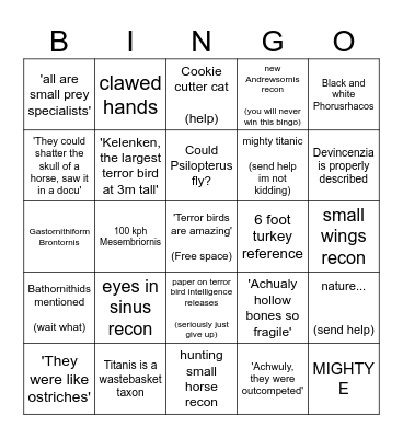 Terror bird Bingo Card