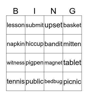 2-syllable words  Bingo Card