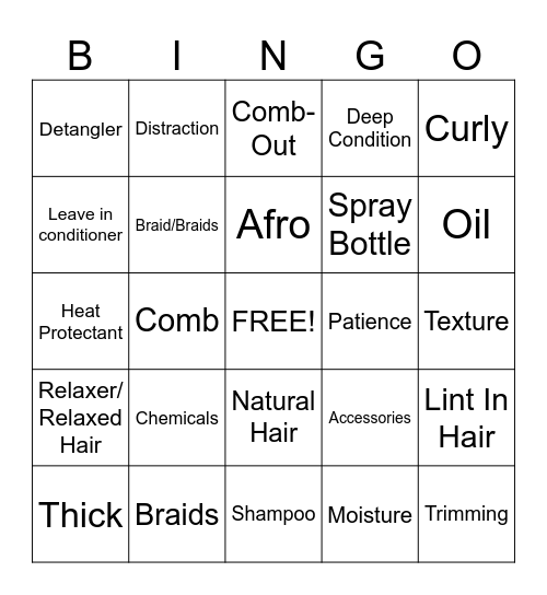Hair Care Bingo Card