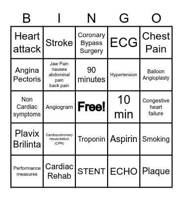 UMC Chest Pain Center Bingo Card