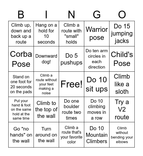 Climbing bingo - 8-10 year olds Bingo Card
