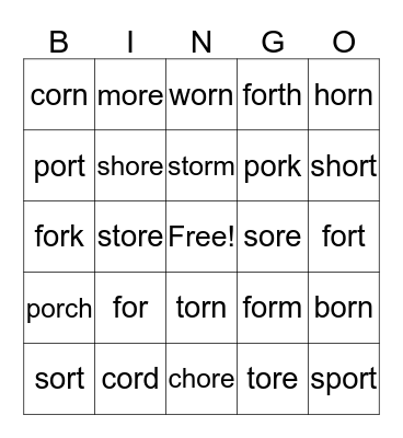 R controlled vowels Bingo Card