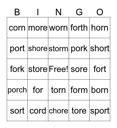 R controlled vowels Bingo Card