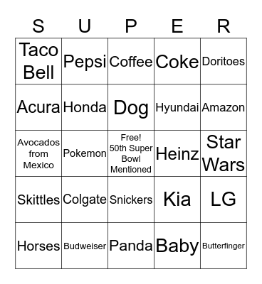 Super Bowl Commerical Bingo! Bingo Card