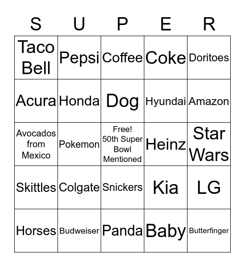 Super Bowl Commerical Bingo! Bingo Card