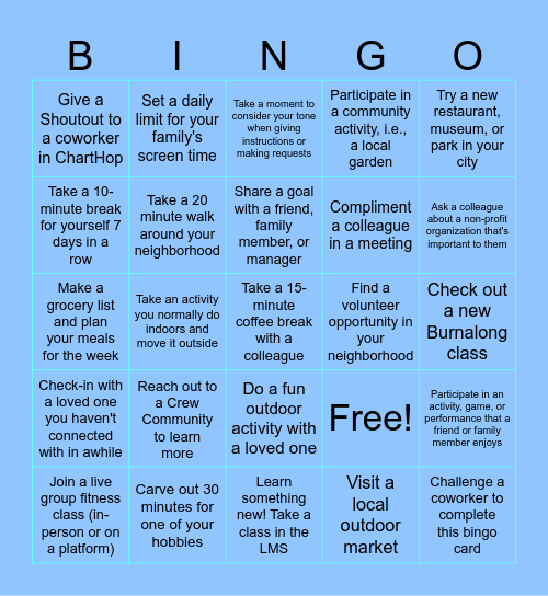 Social Wellness BINGO Card