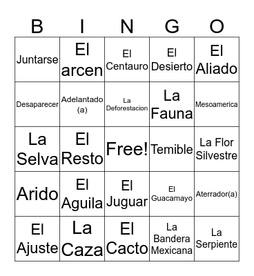 Spanish Vocab Bingo Card