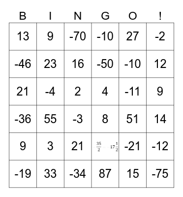 Absolute Value Bingo Card