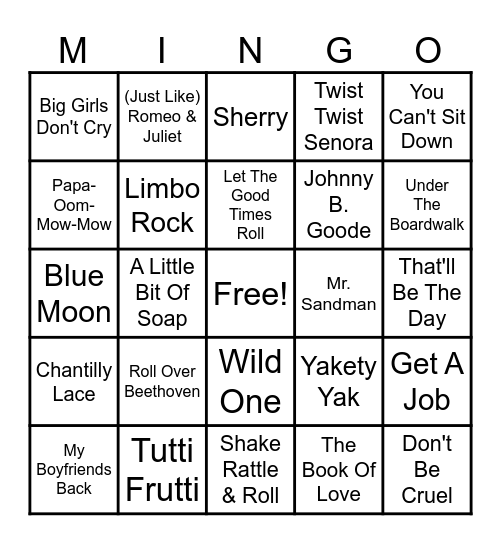 Sock Hop Bingo 1 Bingo Card