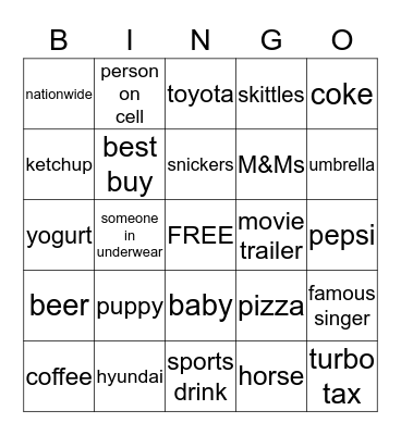 Superbowl commercial Bingo Card