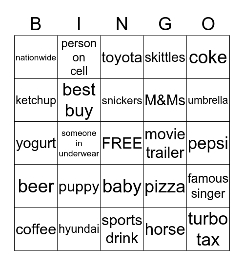 Superbowl commercial Bingo Card