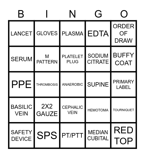 PHLEBOTOMY Bingo Card