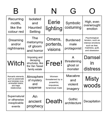 Gothic Conventions Bingo Card