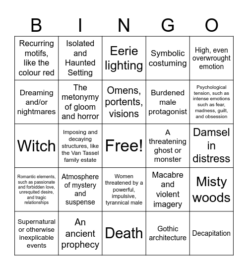 Gothic Conventions Bingo Card