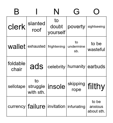 Vocabulary Revision Bingo Card