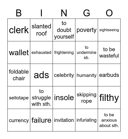 Vocabulary Revision Bingo Card