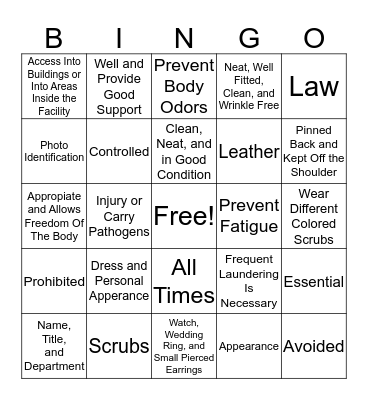 Professional Appearance Bingo Card