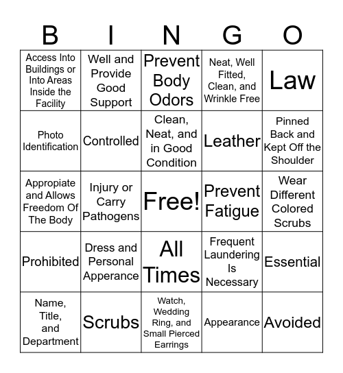 Professional Appearance Bingo Card