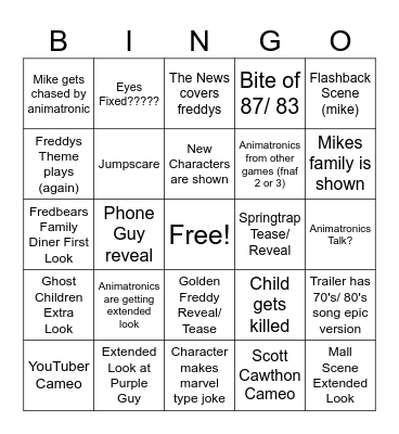 FNaF Trailer 2 Bingo Card