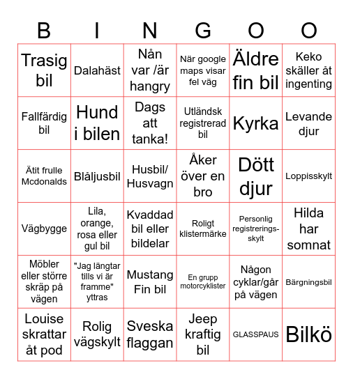 Car Ride Bingo Card