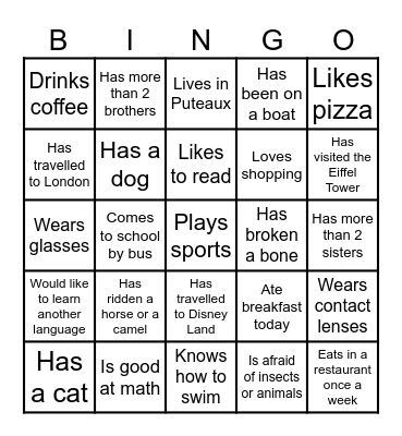 Welcome to English Class! Bingo Card