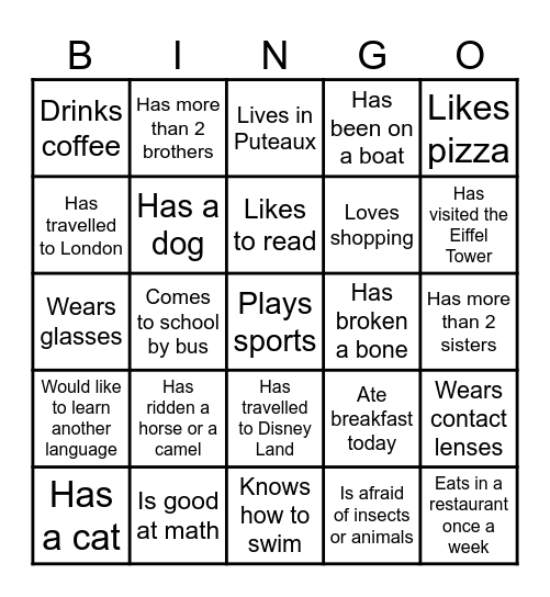 Welcome to English Class! Bingo Card